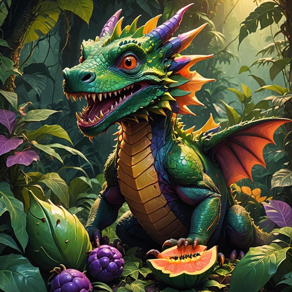 Happy Dragon Eating Papaya in Lush Jungle