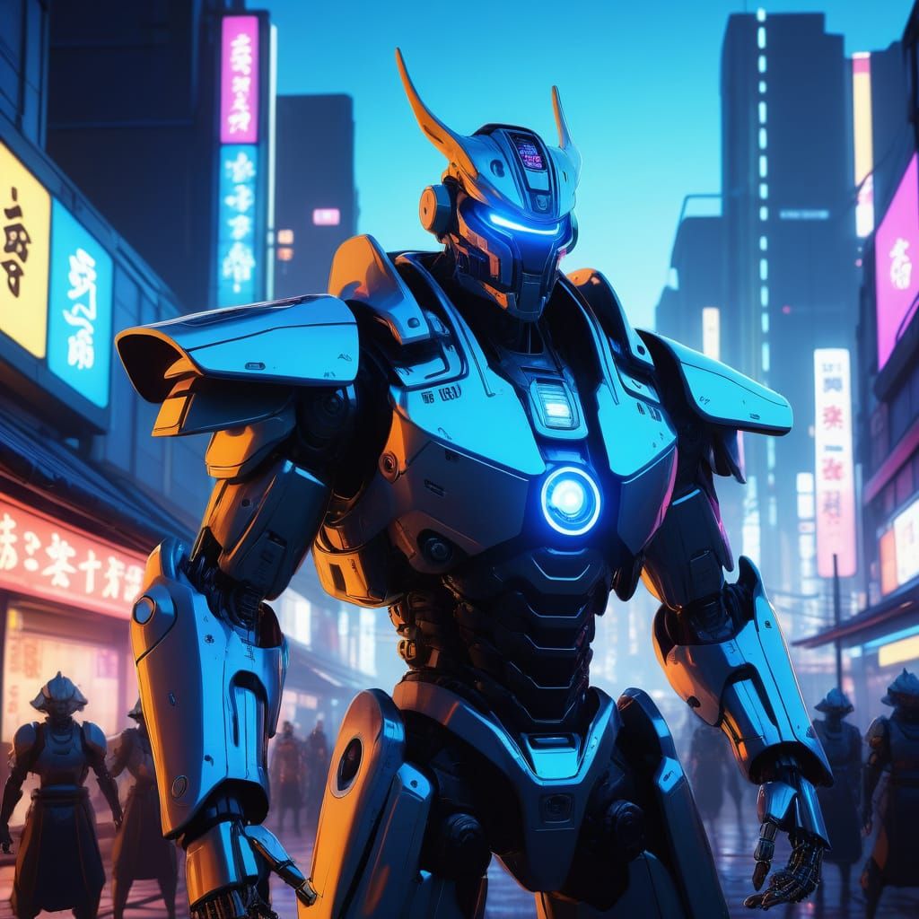 Cyberpunk Samurai Clash in Neon-Lit Japanese Village