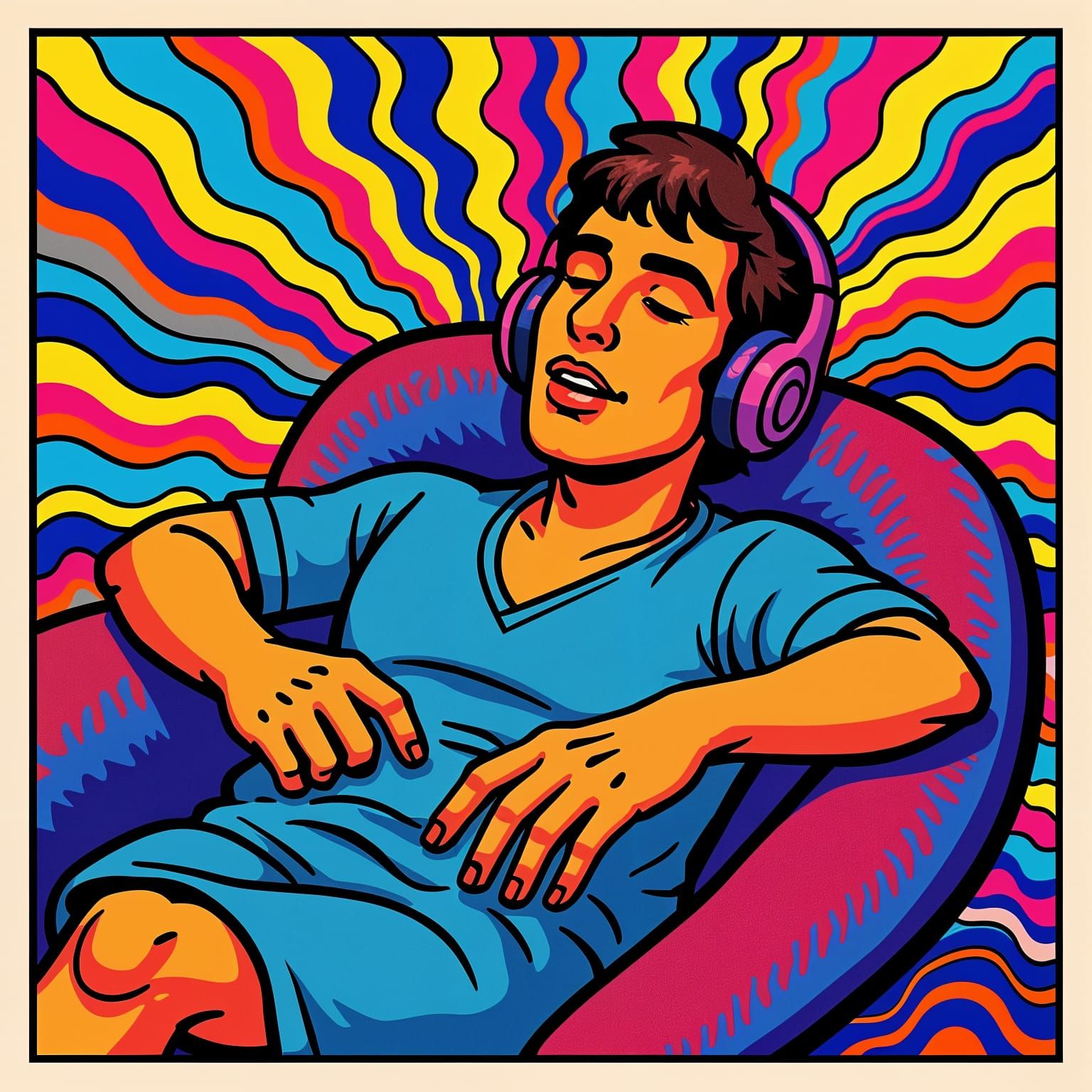 Man Relaxing to Music in 1970s Album Art Style