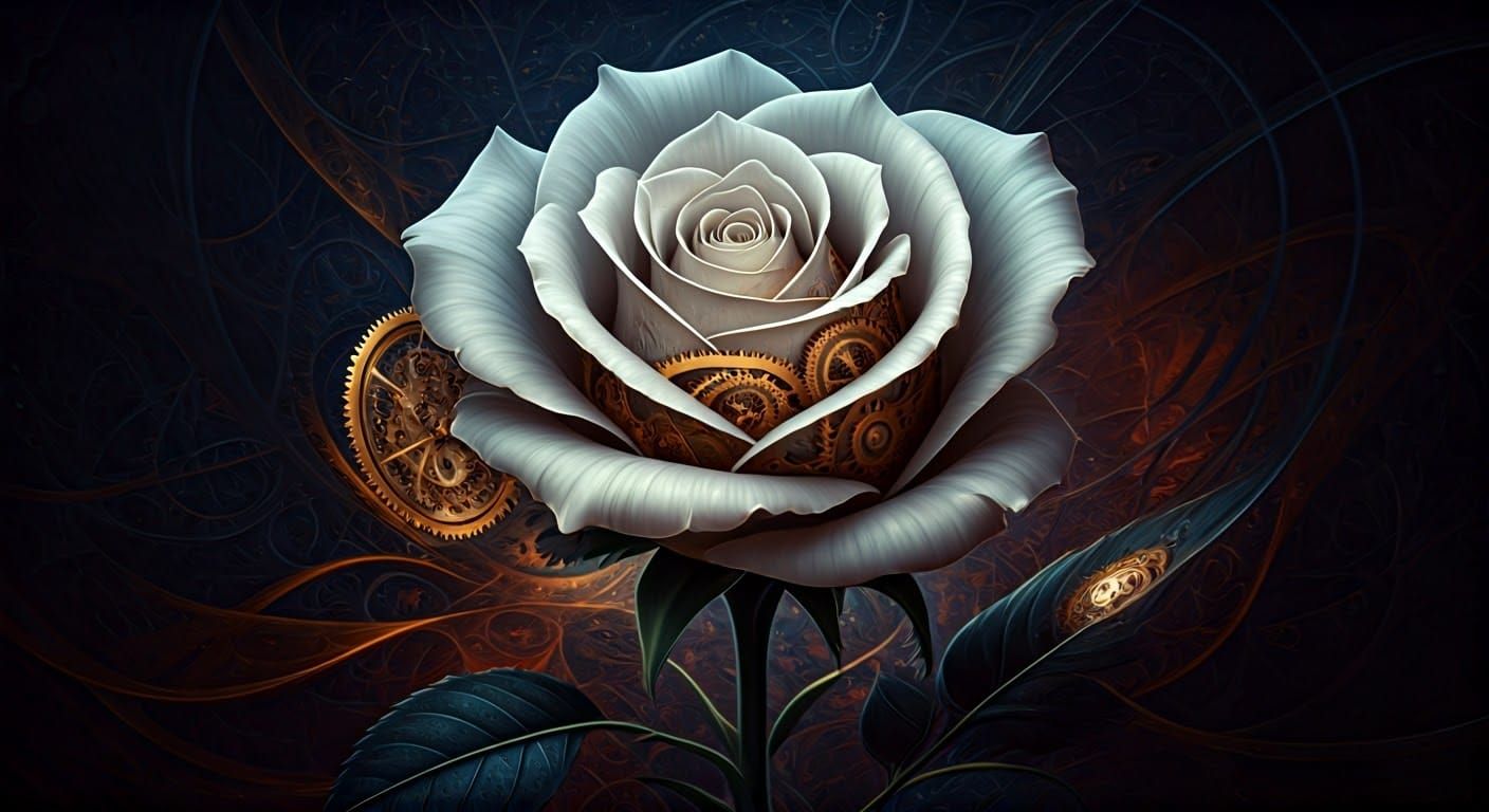 Golden Clockwork Rose Unfurls in Dark Fantasy Garden