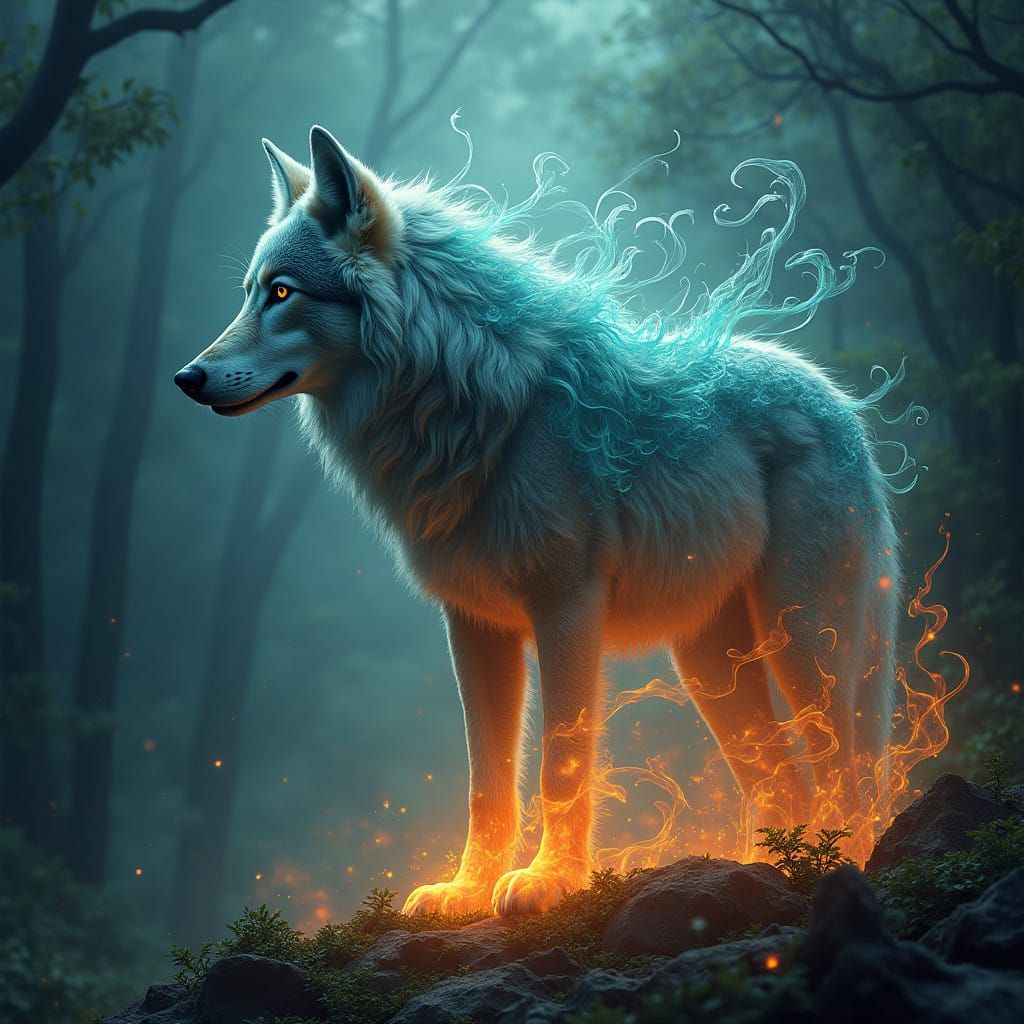 Majestic Elemental Wolf in Ethereal Landscape
