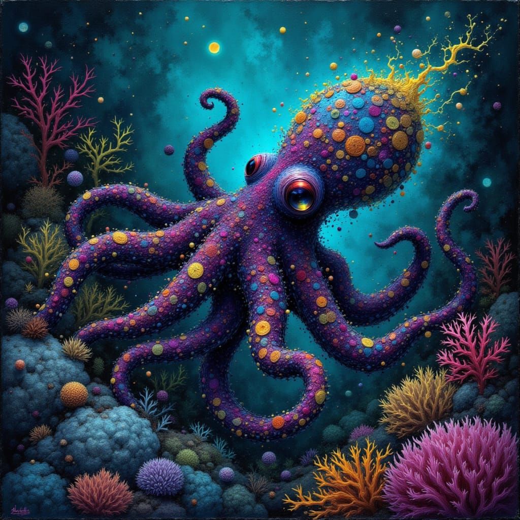 Bioluminescent Octopus in Coral Reef, Art Nouveau Style