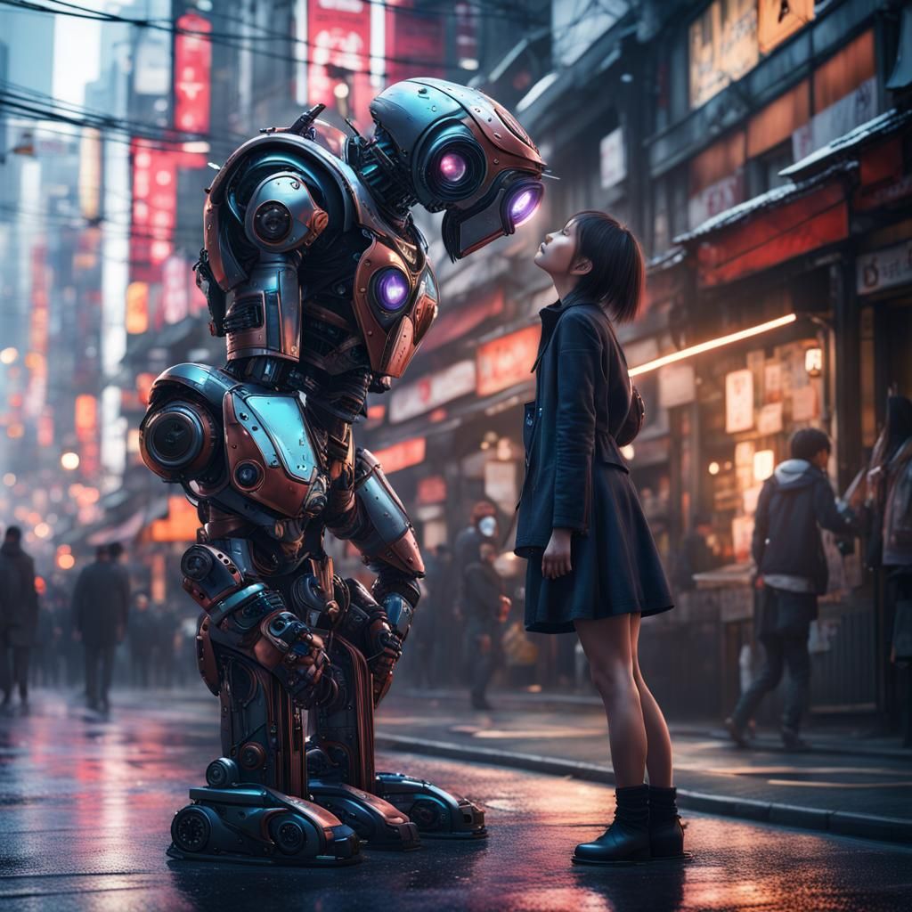 Robot Kissing Girl in Tokyo: Detailed Matte Painting
