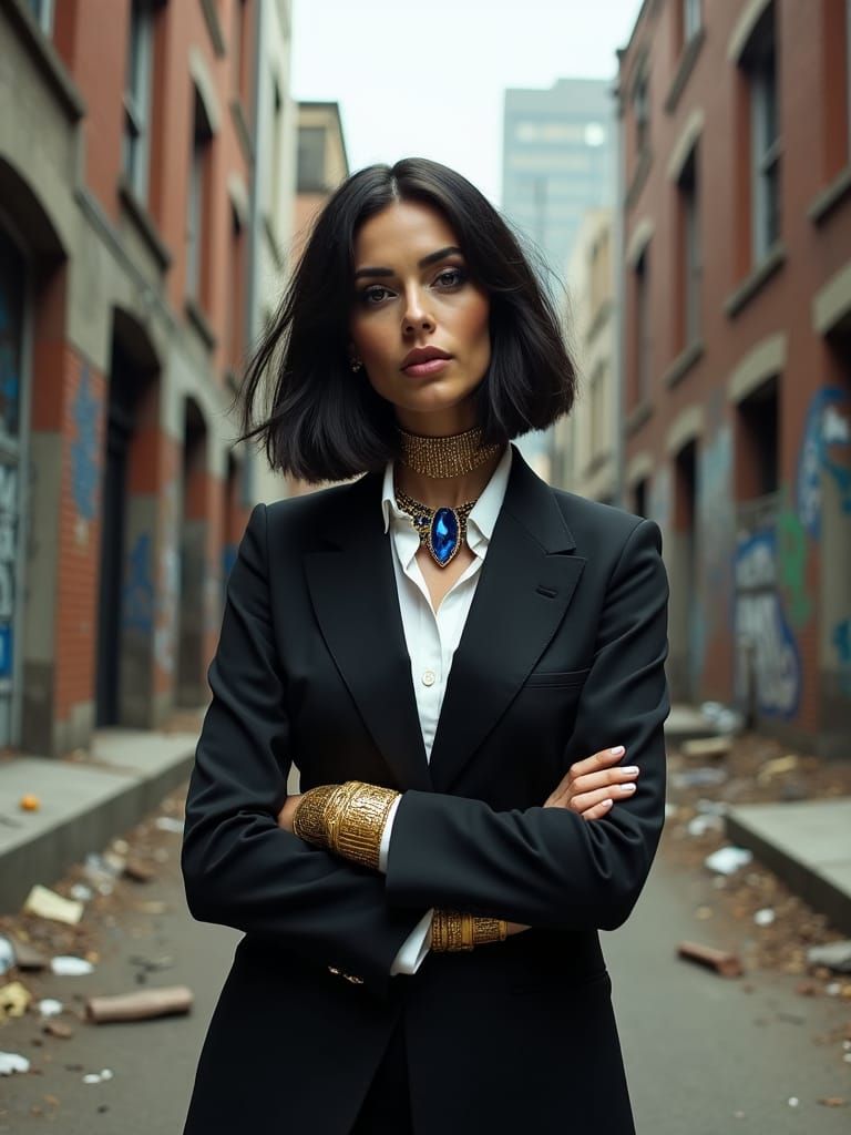 Cleopatra as Corporate Executive in Urban Landscape