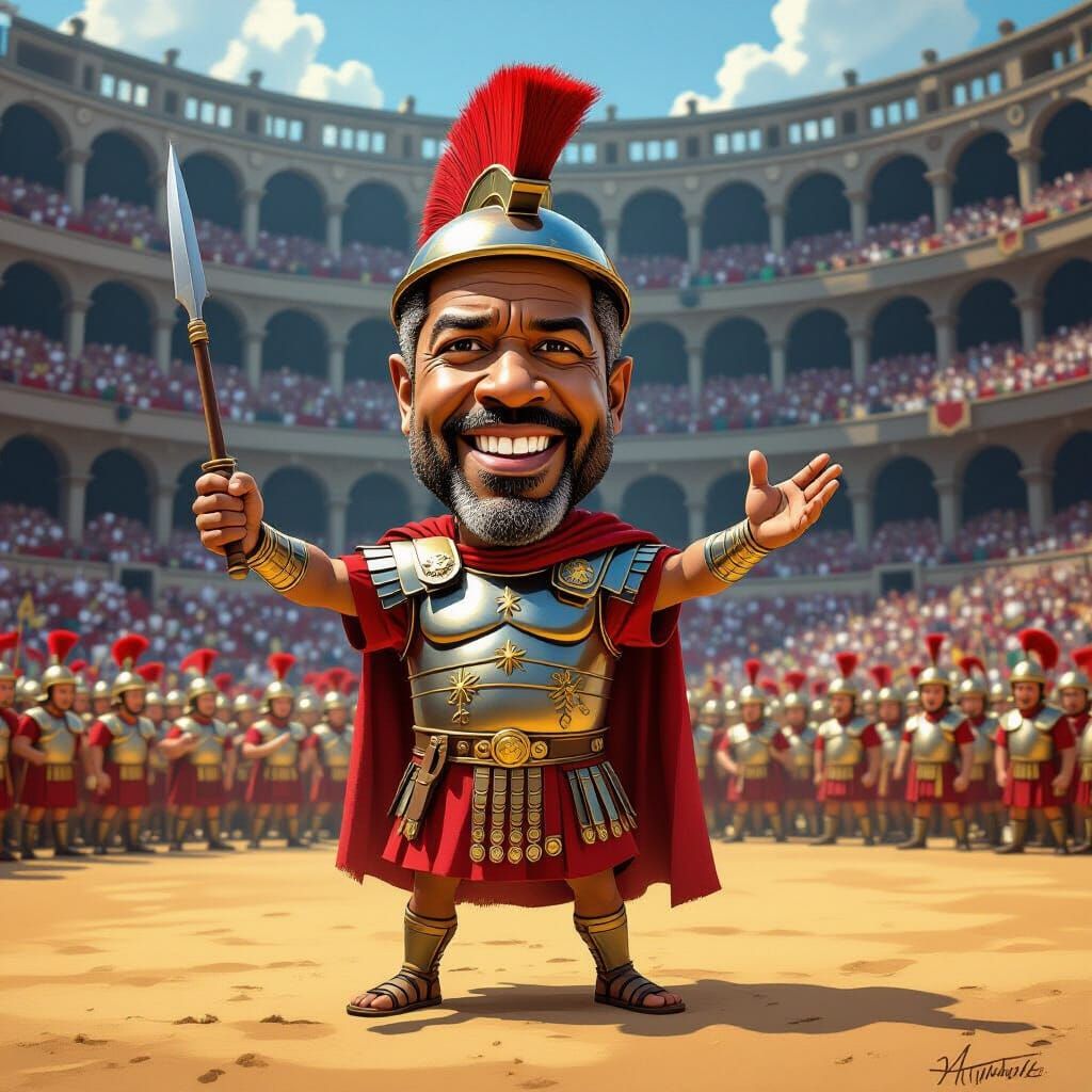 Denzel Washington as Tiny Roman General in Cartoon Style