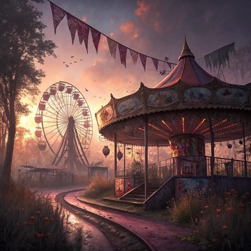 Haunting Abandoned Carnival at Twilight: Digital Art