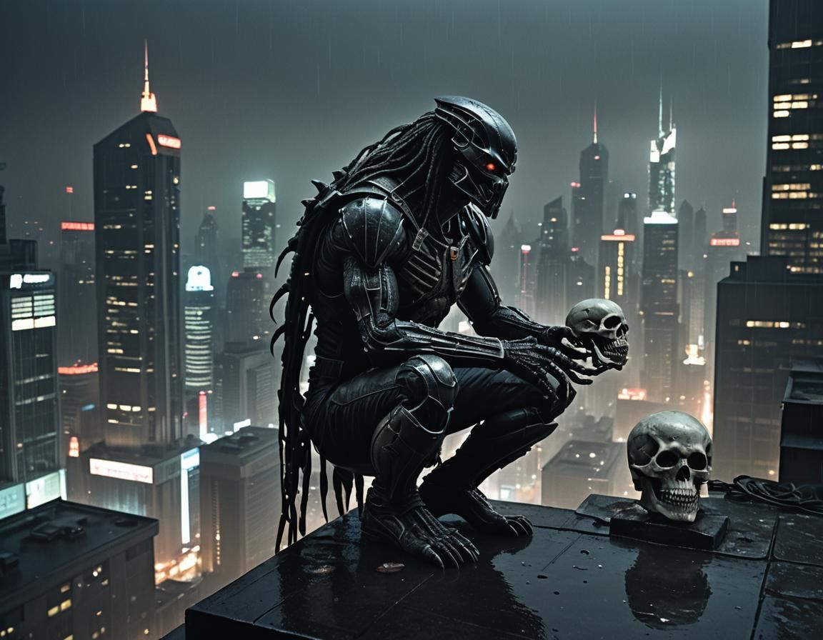 Predator Perched on Skyscraper Ledge in Gritty Cityscape