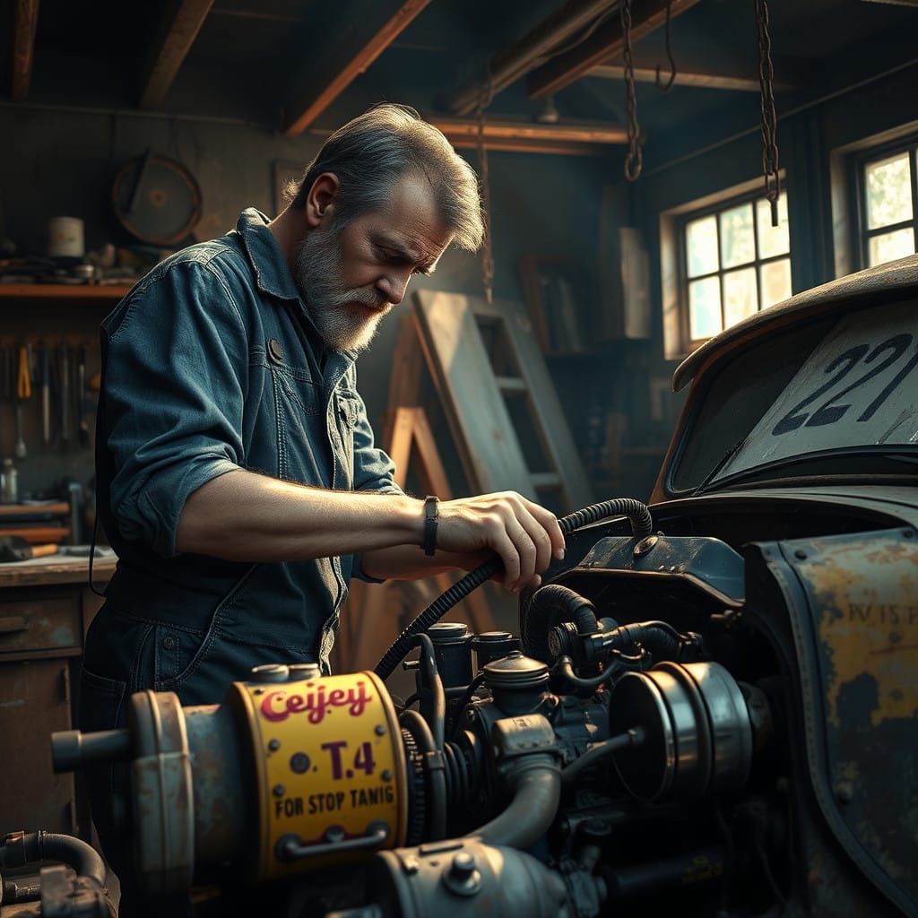 Gritty Garage Mechanic in a Fantasy ArtStyle