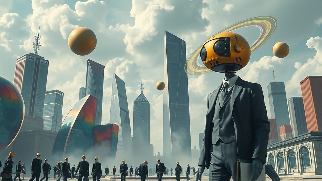 Surreal Gas Beings in a Collapsing Cityscape