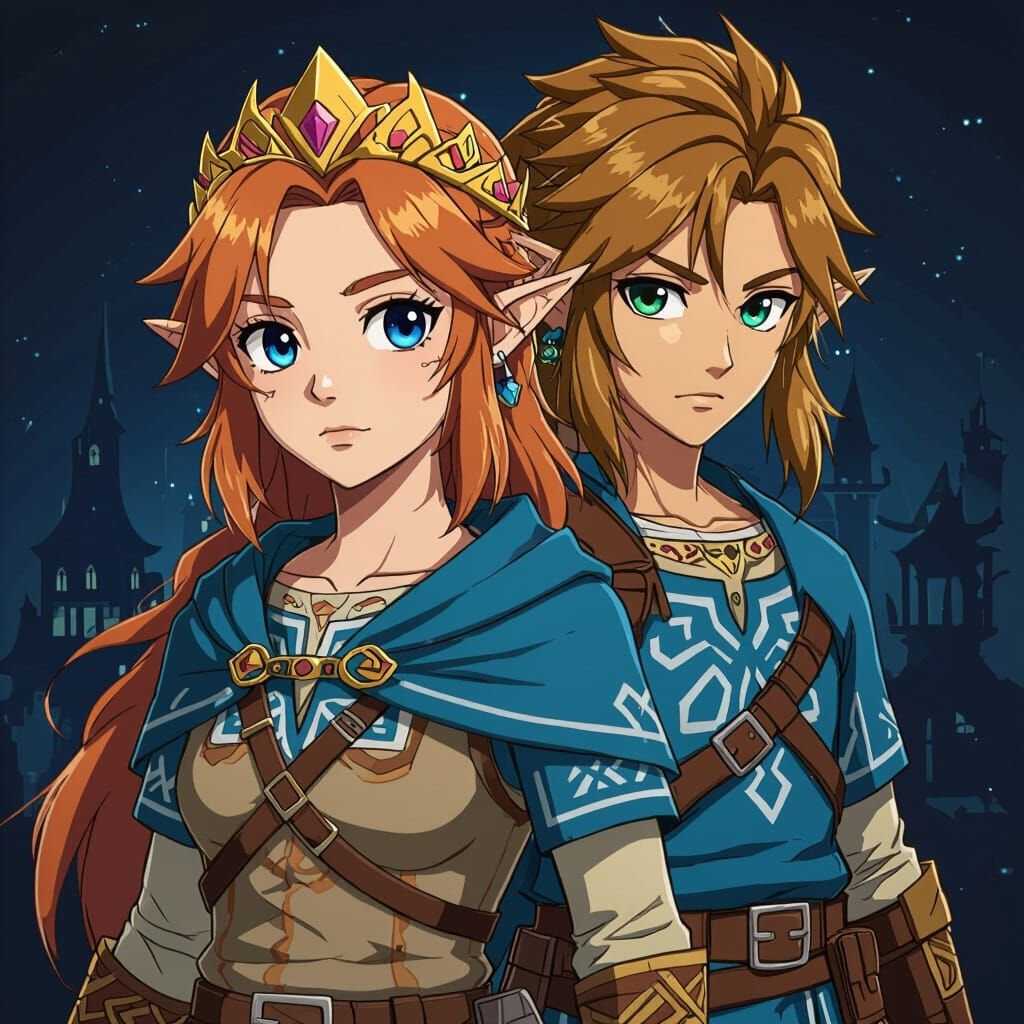 Anime-Style Portrait: Girl and Link Under Shadow