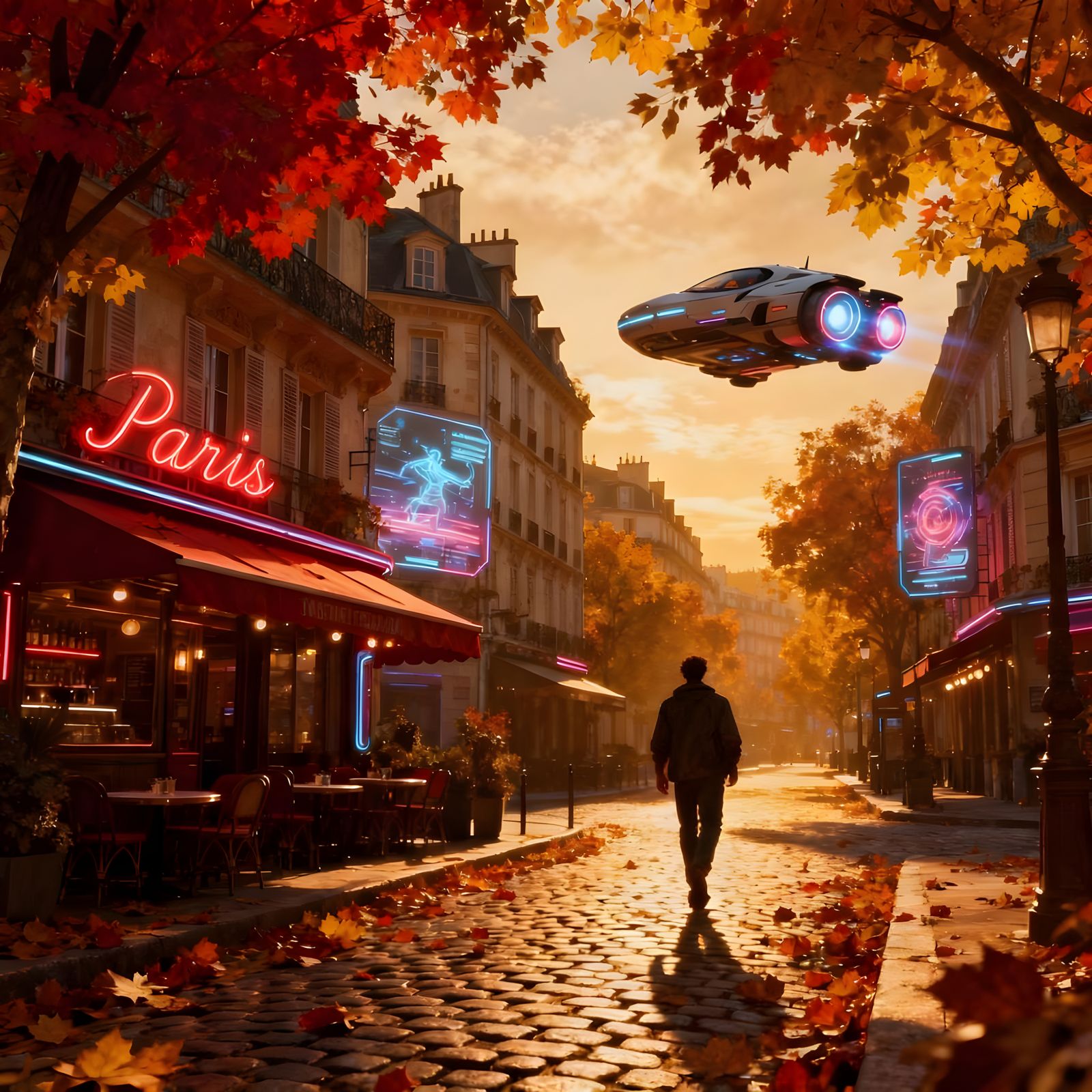 Futuristic Paris Boulevard in Autumn 2095