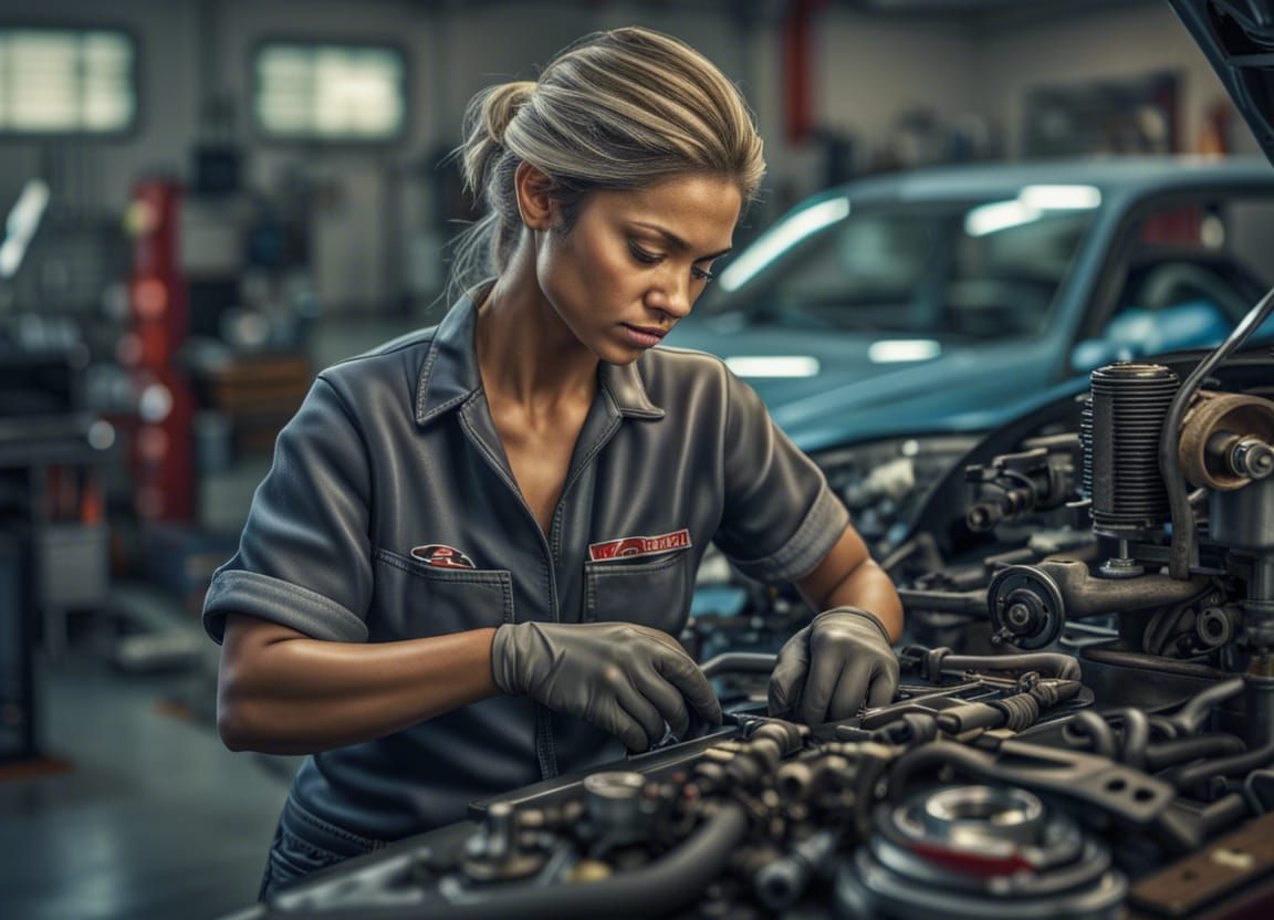 Hyperrealistic Female Mechanic in Auto Shop