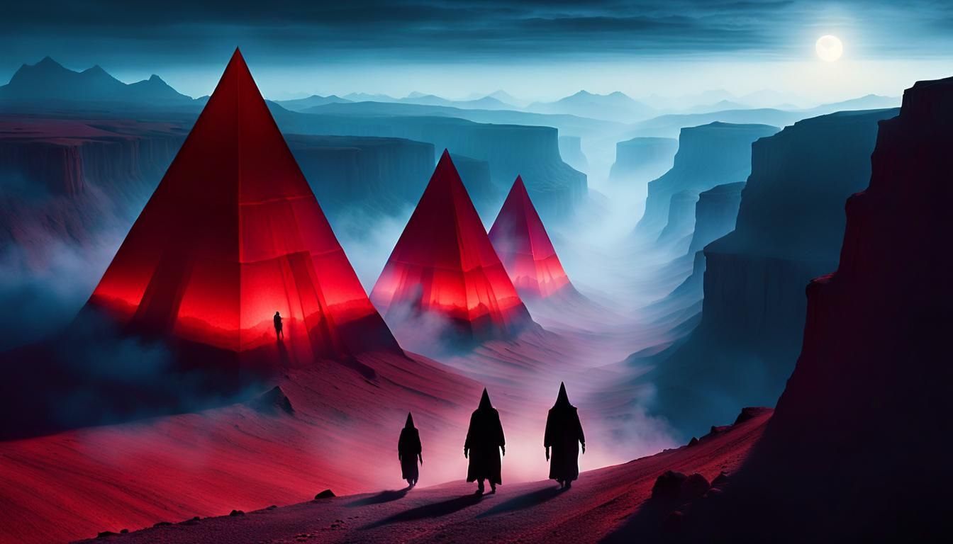 Eerie Canyon Dreamscape with Glowing Red Pyramids
