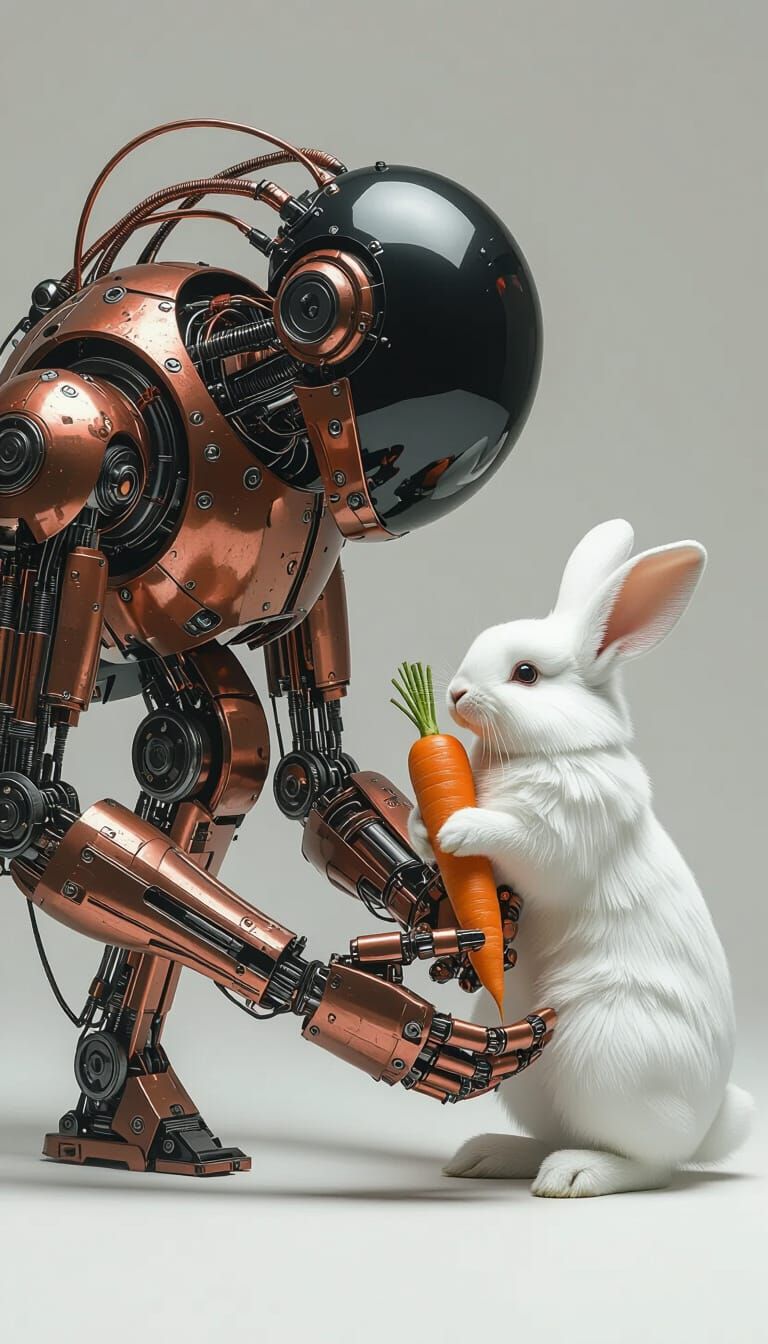 Robot Offers Carrot to Rabbit in Industrial Style