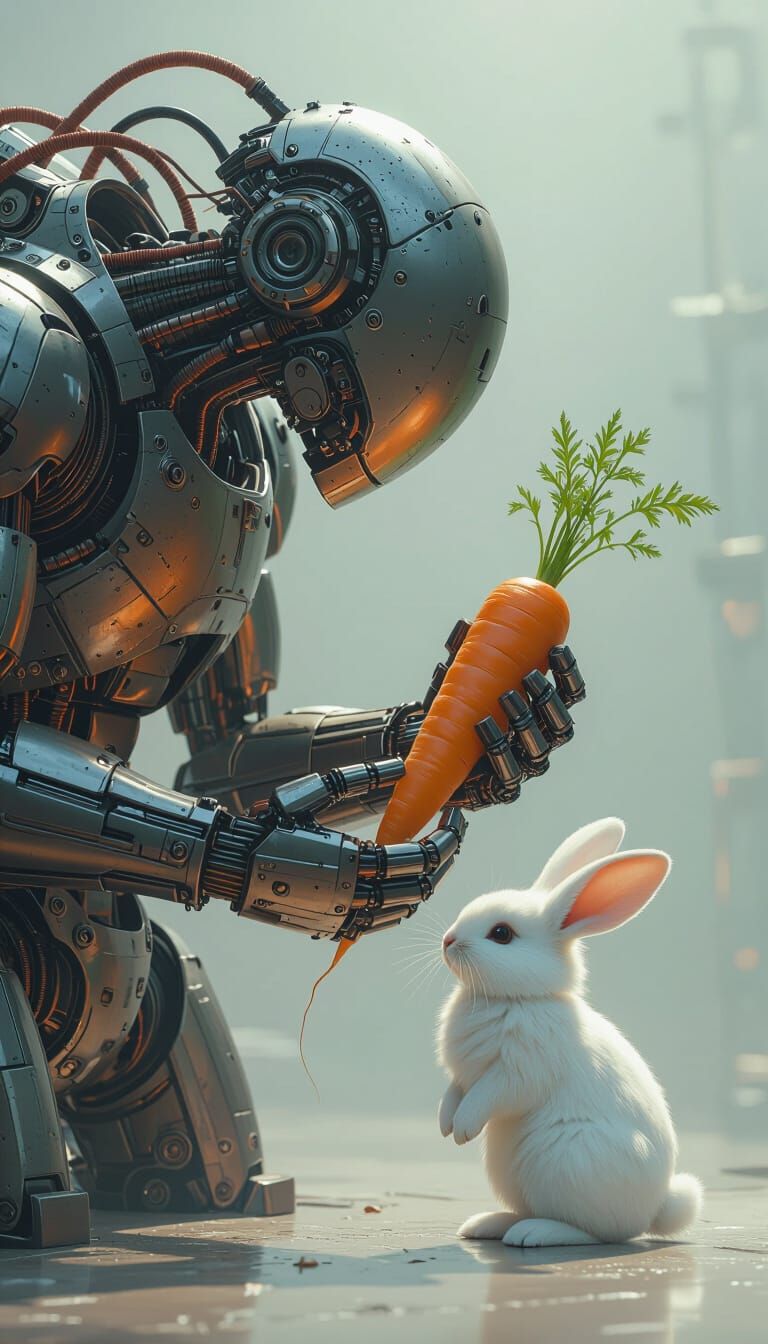Robot Offers Carrot to Rabbit in Ethereal Light