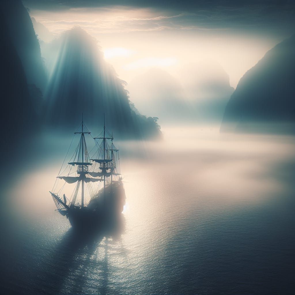 Pirate Ship Lost in Fog at Dawn