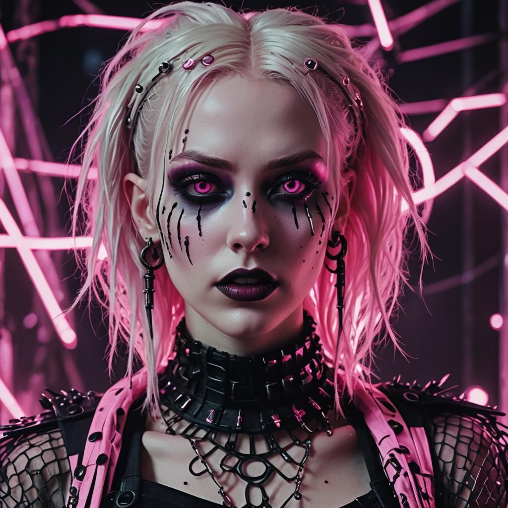 Cyber Goth Portrait: Pale Girl in Neon Light