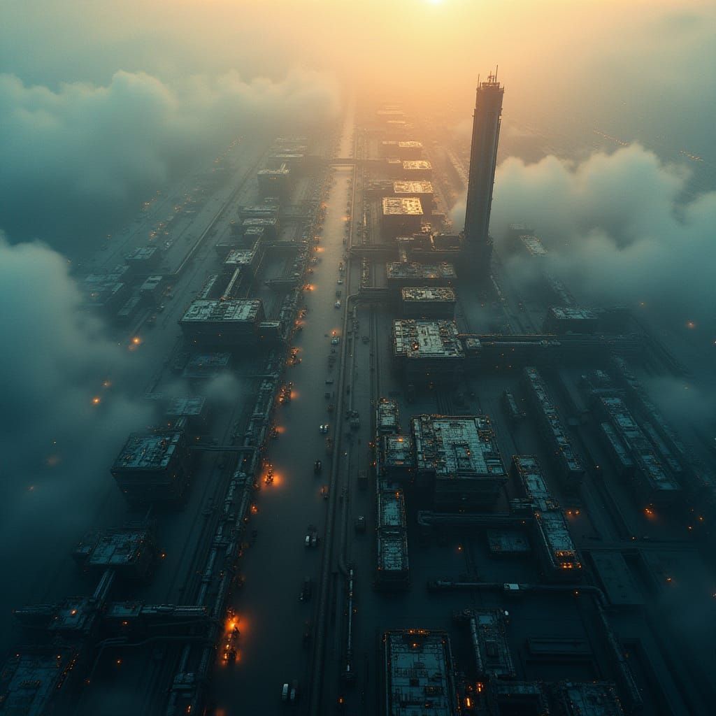 Epic Hyperrealistic Aerial View of Futuristic Space Industri...
