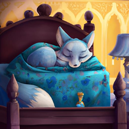 Adorable Baby Blue Fox Sleeping in Palace Bed