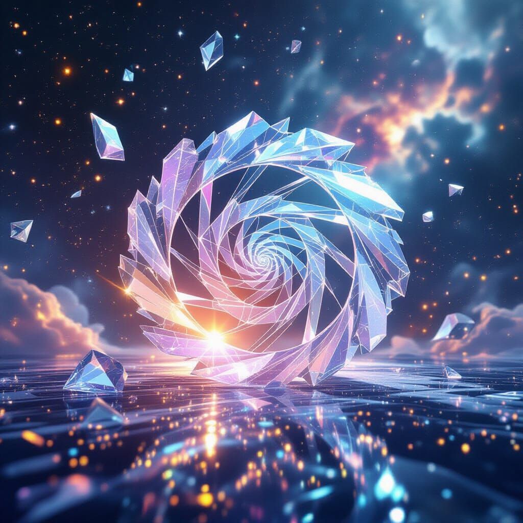 Cosmic Crystal Spiral Reflecting Rainbow Starlight