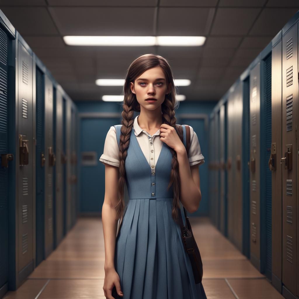 Teenage Girl with Blue Hair at School, Fantasy Art