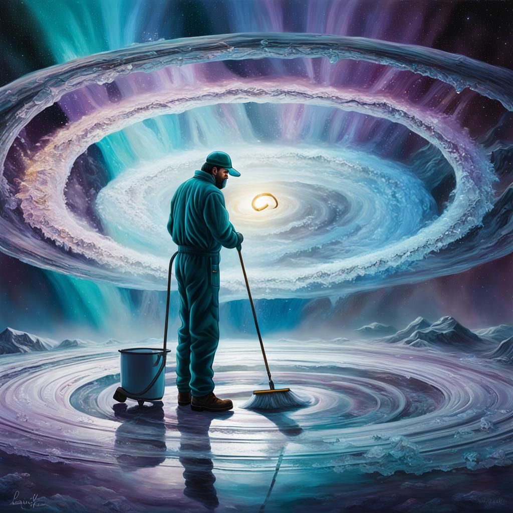 Surreal Janitor Sweeping Saturn Rings in Oil Painting