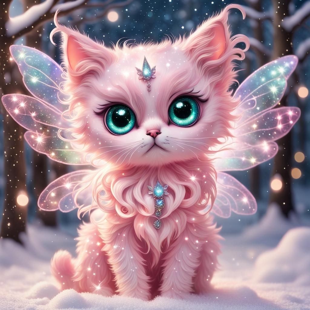 Pink Fairy Kitty with Iridescent Wings in Snow