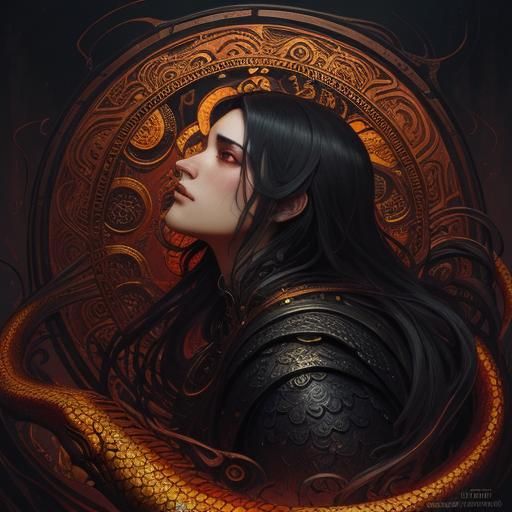 Serpent Coiled Around Ruins in Dark Fantasy Style