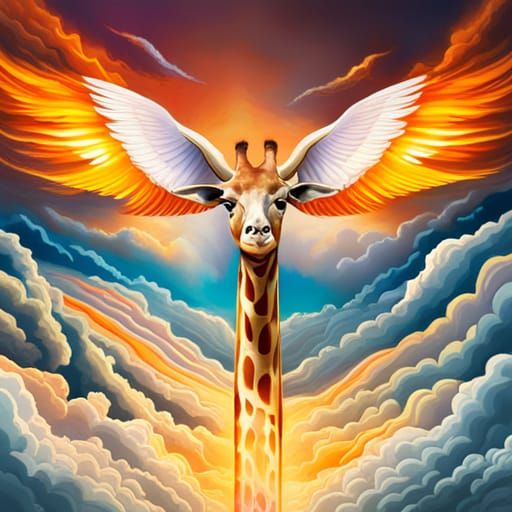 Winged Giraffe Flying Through Clouds in Graffiti Art