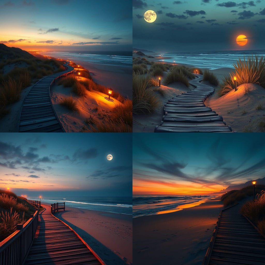 Moonlit Beach Scene with Wooden Latticework Path