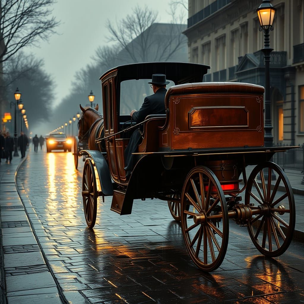 Majestic Horse-Drawn Carriage on a Rainy Cobblestone Street ...