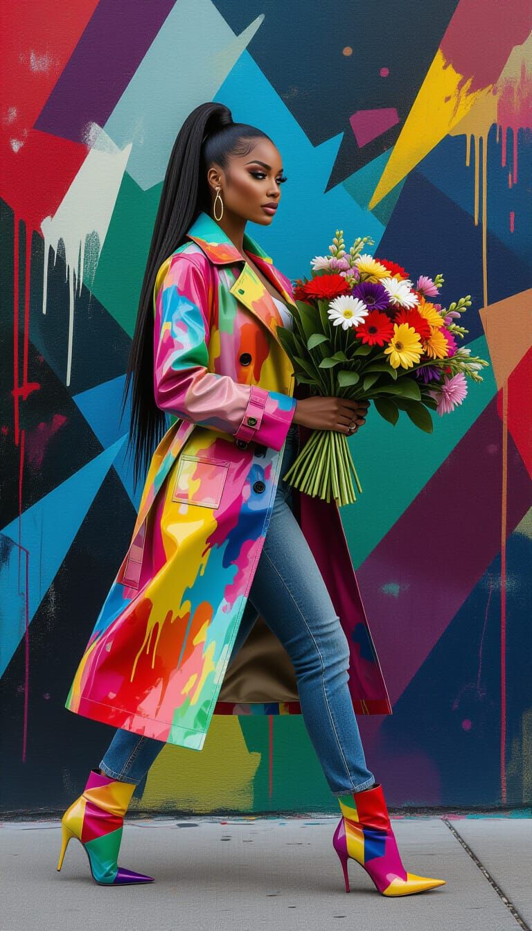 Stylish Woman with Flowers in Vibrant Urban Scene
