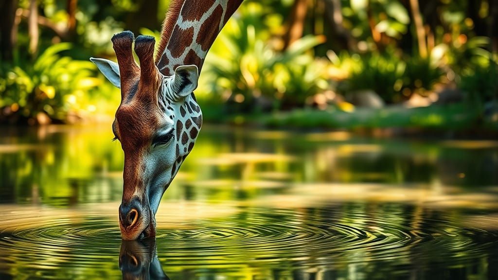 Giraffe Drinks from Serene Forest Pond in Vibrant Colors