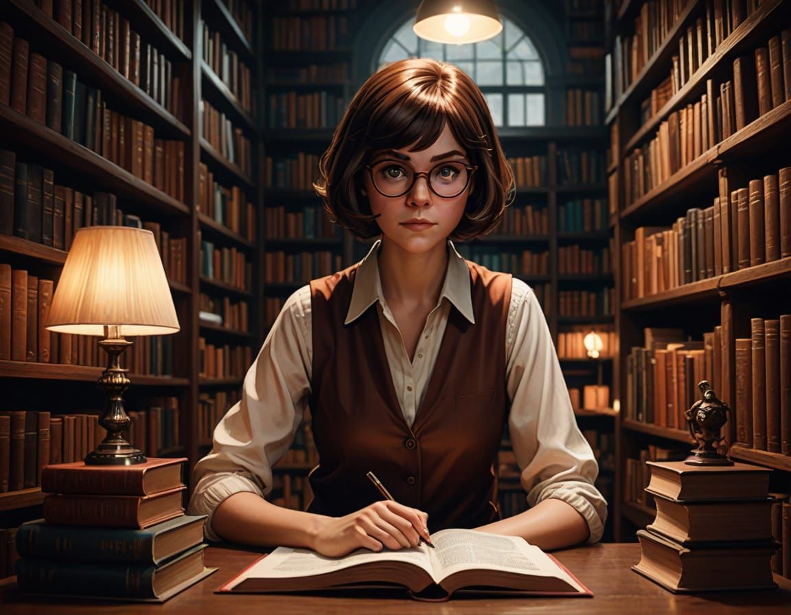Mysterious Velma Dinkley in a Haunting Library Portrait