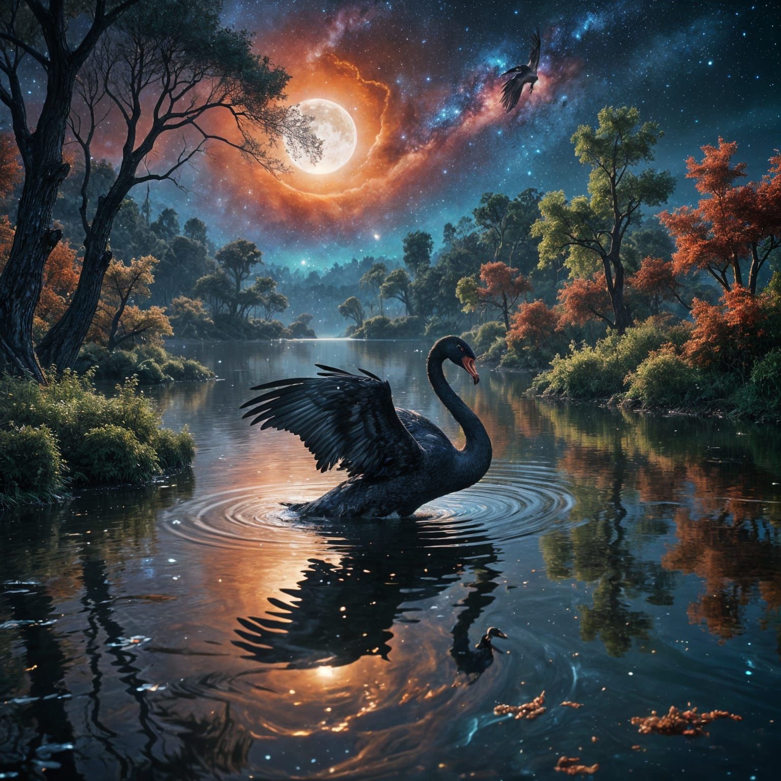 Black Swan Gliding Across a Moonlit Lake