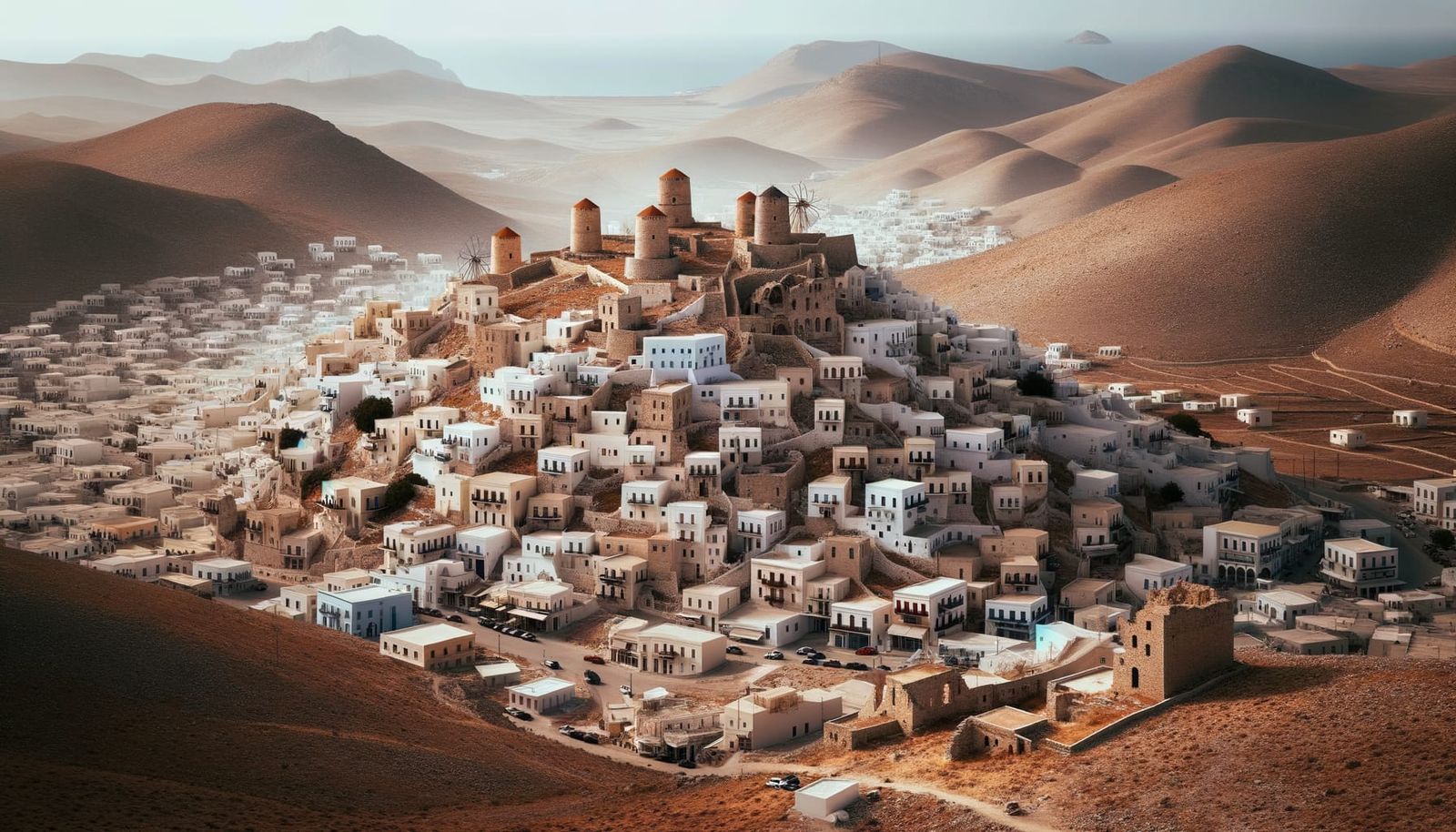 Aerial View of Greek City with Turkish Fortress