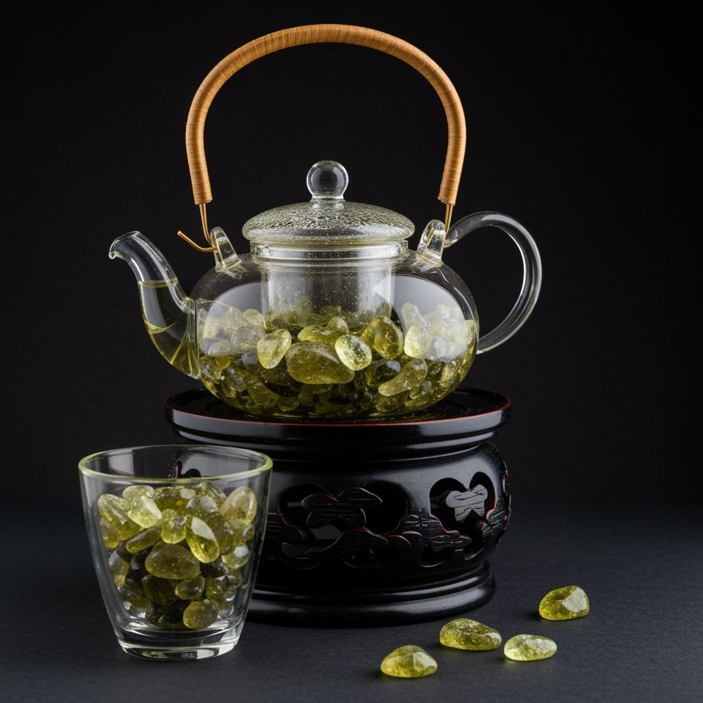 Glass Teapot with Green Crystals Still Life