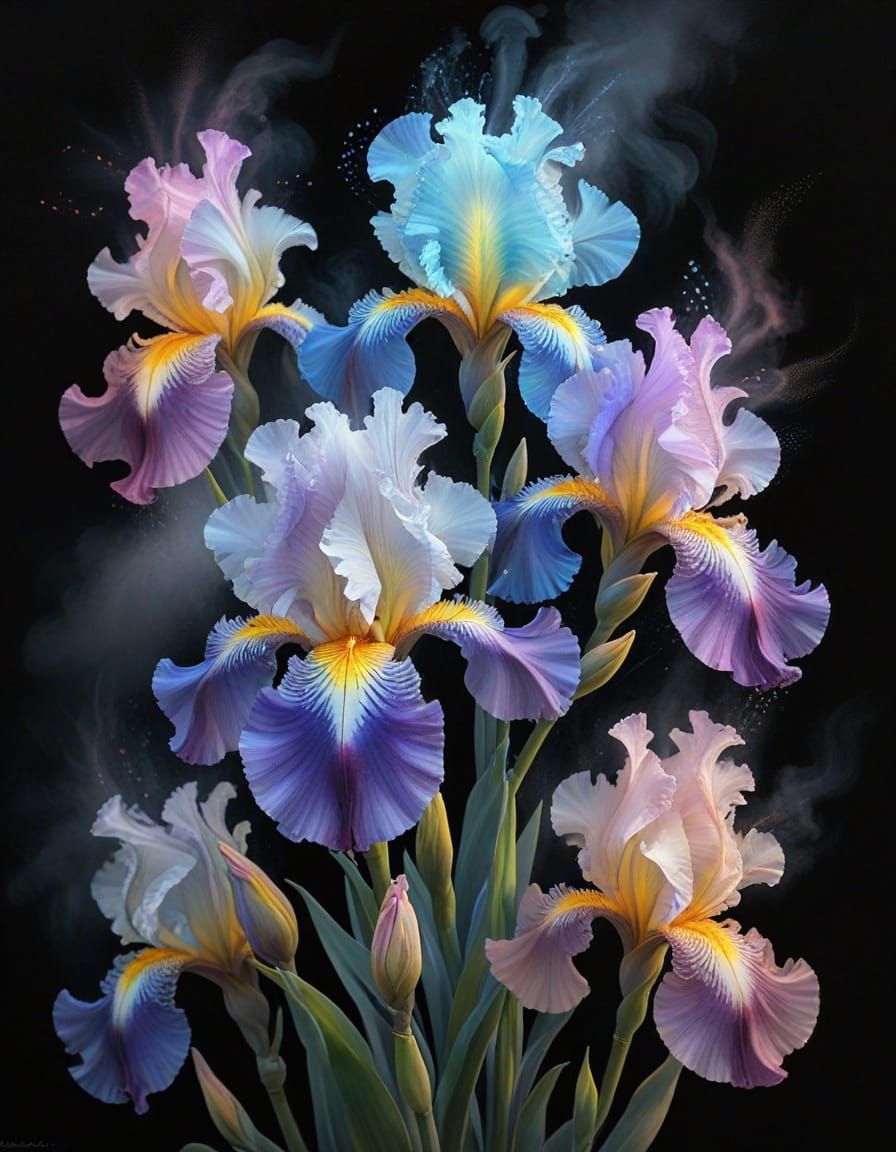 Realistic Iris with Pastel Neon Rainbow Colors on Black Canv...