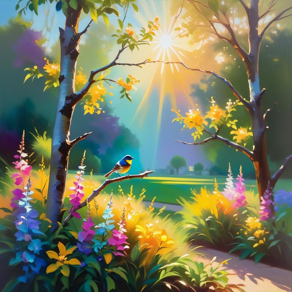Songbird in Sun-Drenched Garden: Oil Painting