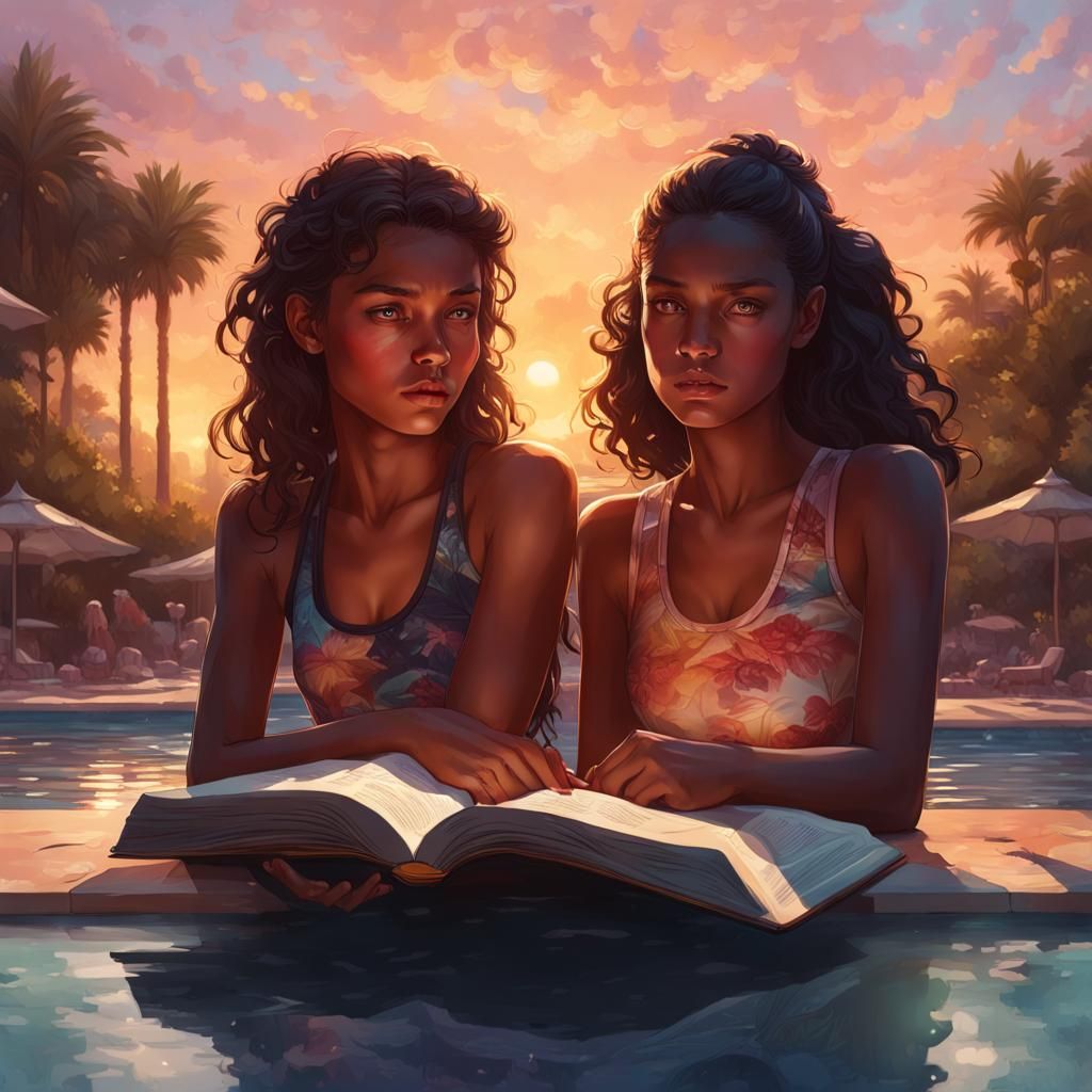 Teenagers Reading by Pool at Sunset: Hyperdetailed Art