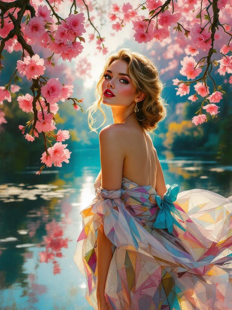 Glamorous Pin-Up in Abstract Garden, Zorn Rockwell Style