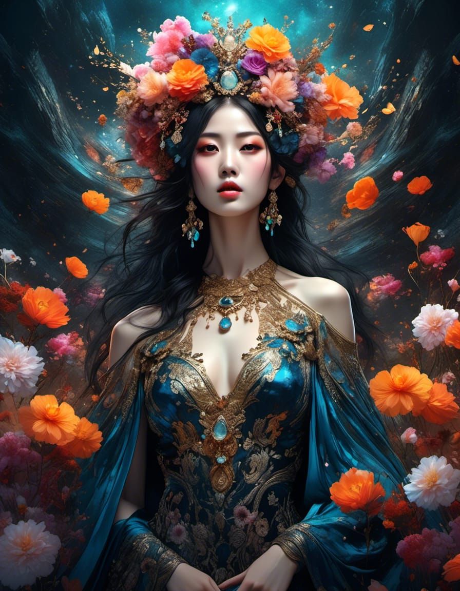 Goddess Emerges in Flowery Field, Watercolor Art