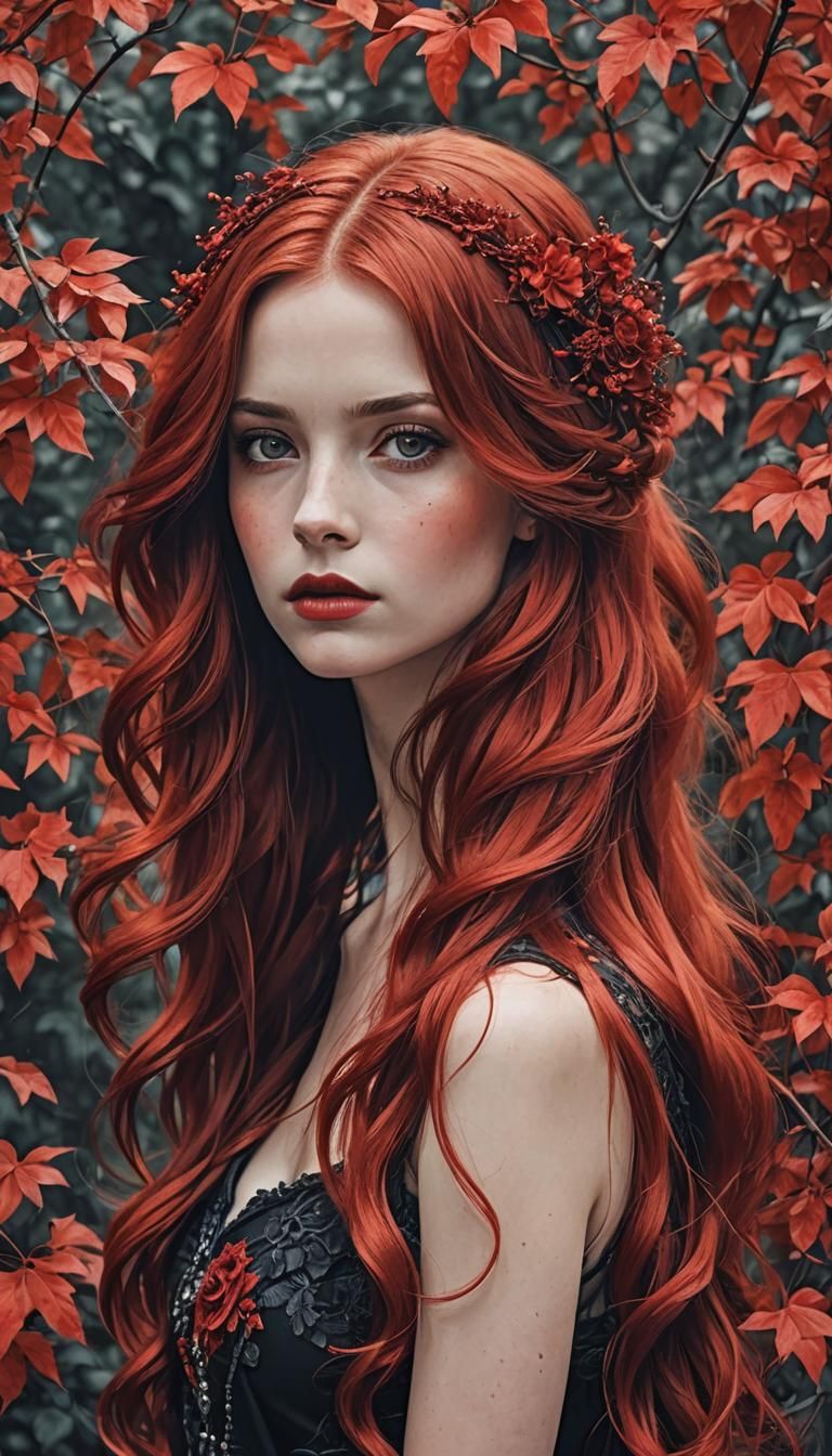Stunning Red-Haired Woman in Black and Red Fantasy
