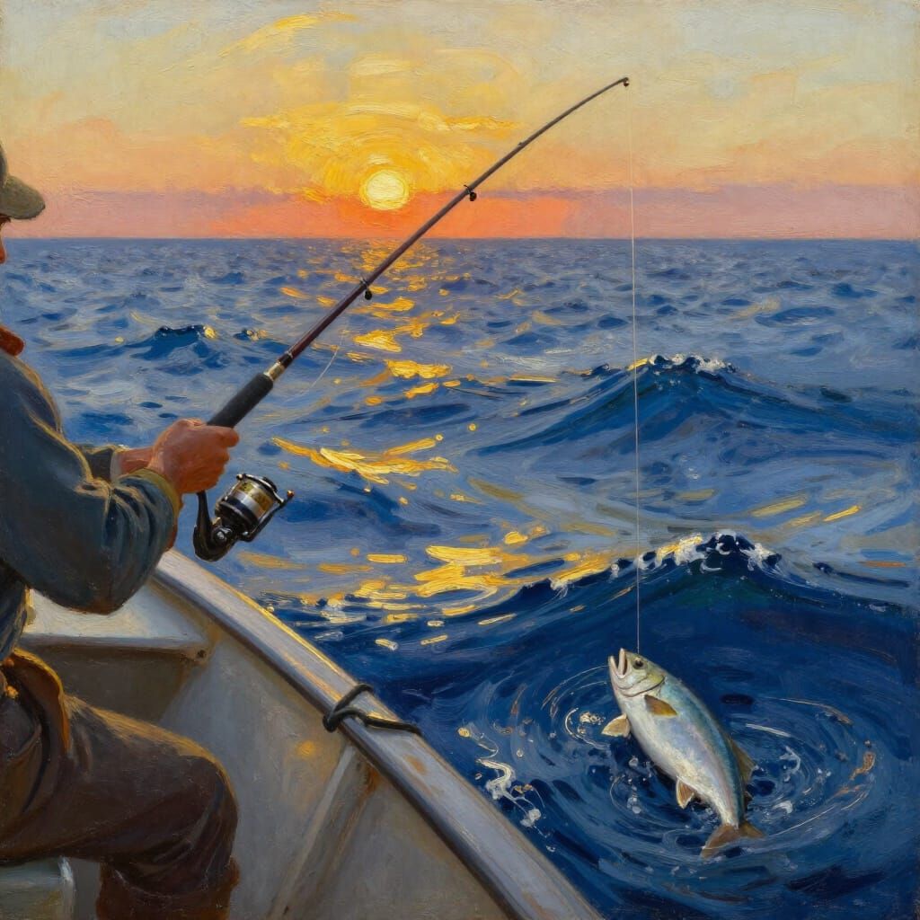 Angler Reels In Fish At Sunset In Oil Painting Style
