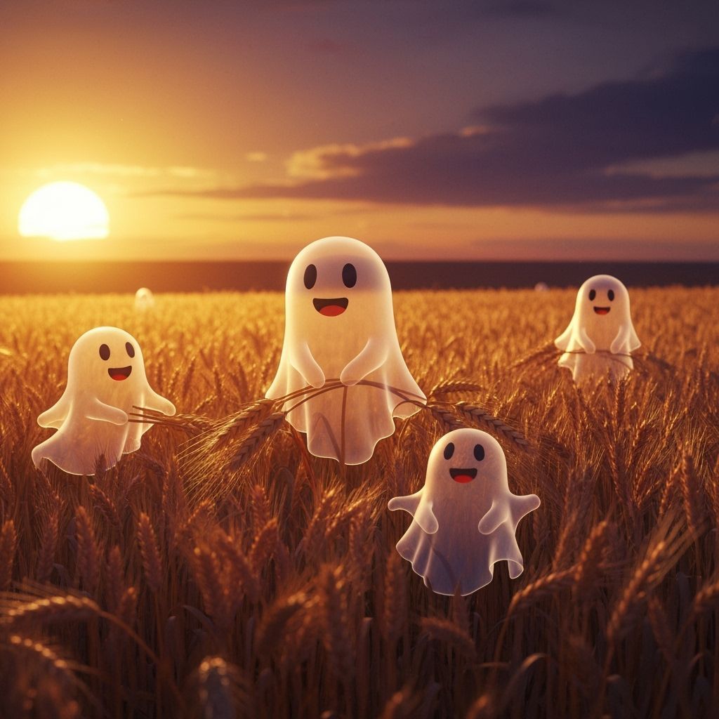 Ghosts Harvesting Wheat in Retro-Futuristic Art Deco Style