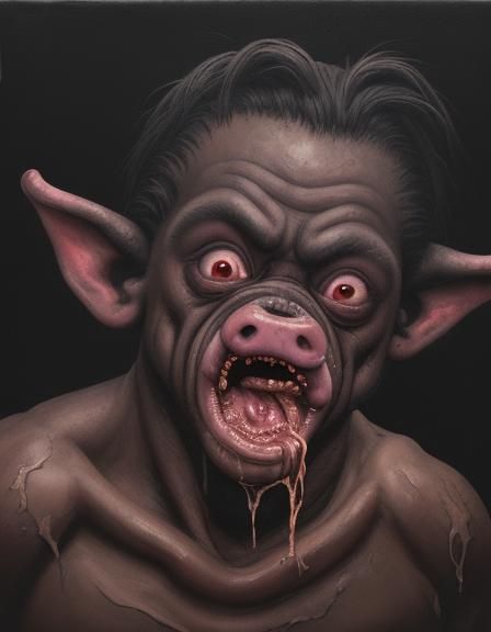 Grotesque Pig Man Horror Oil Painting