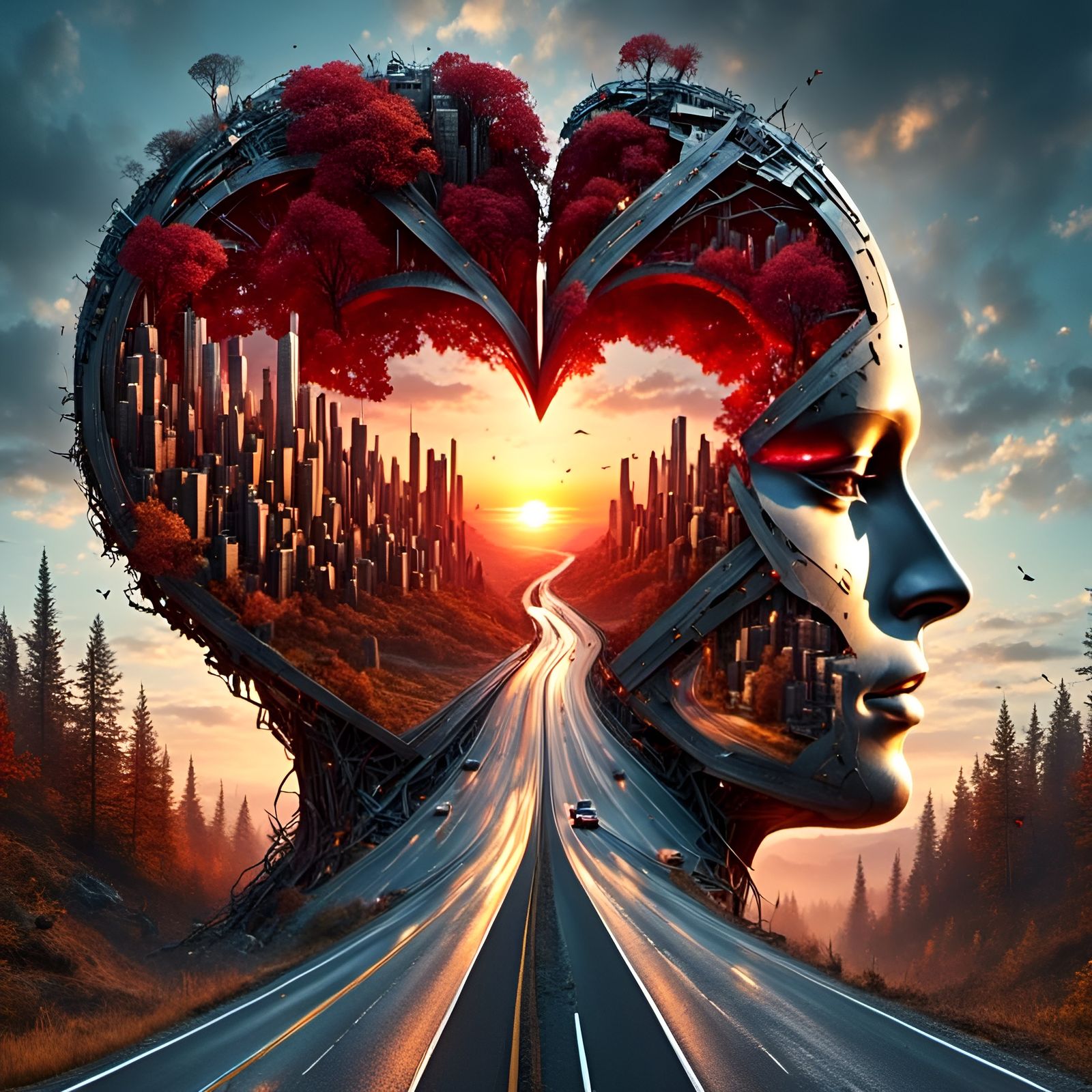 Sunset Roadscape Inside Abstract Head, 3D Render