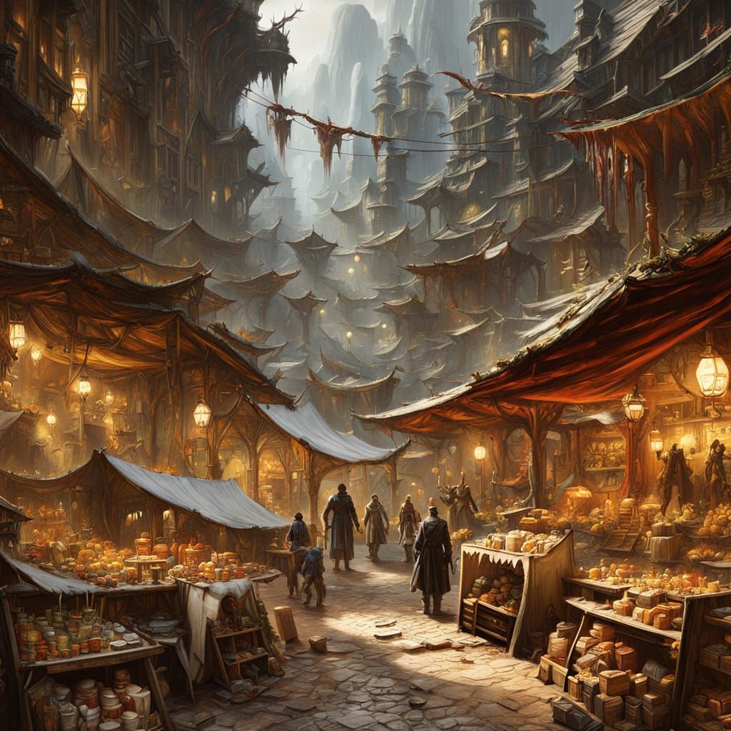 Bustling Alien Street Market in Gouache Style