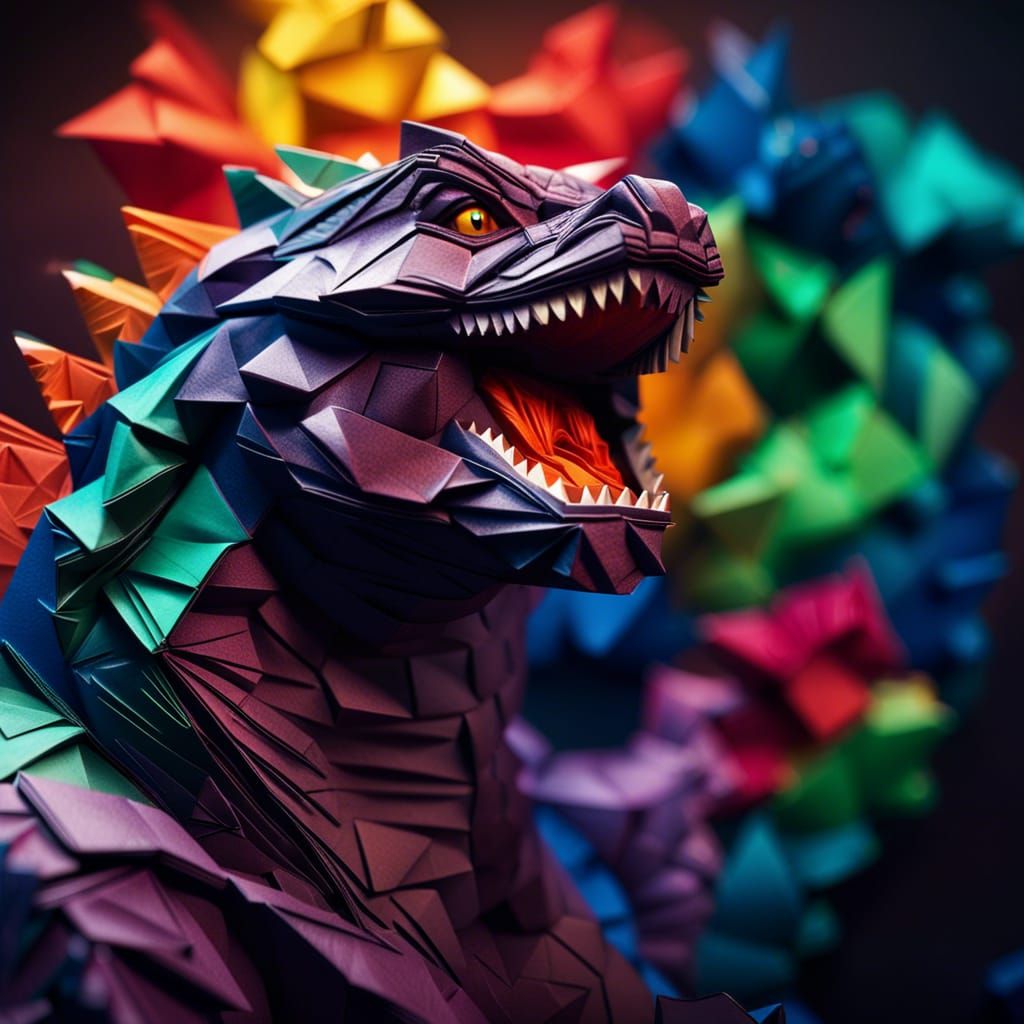 Origami Godzilla in Hyperrealistic Splash Art