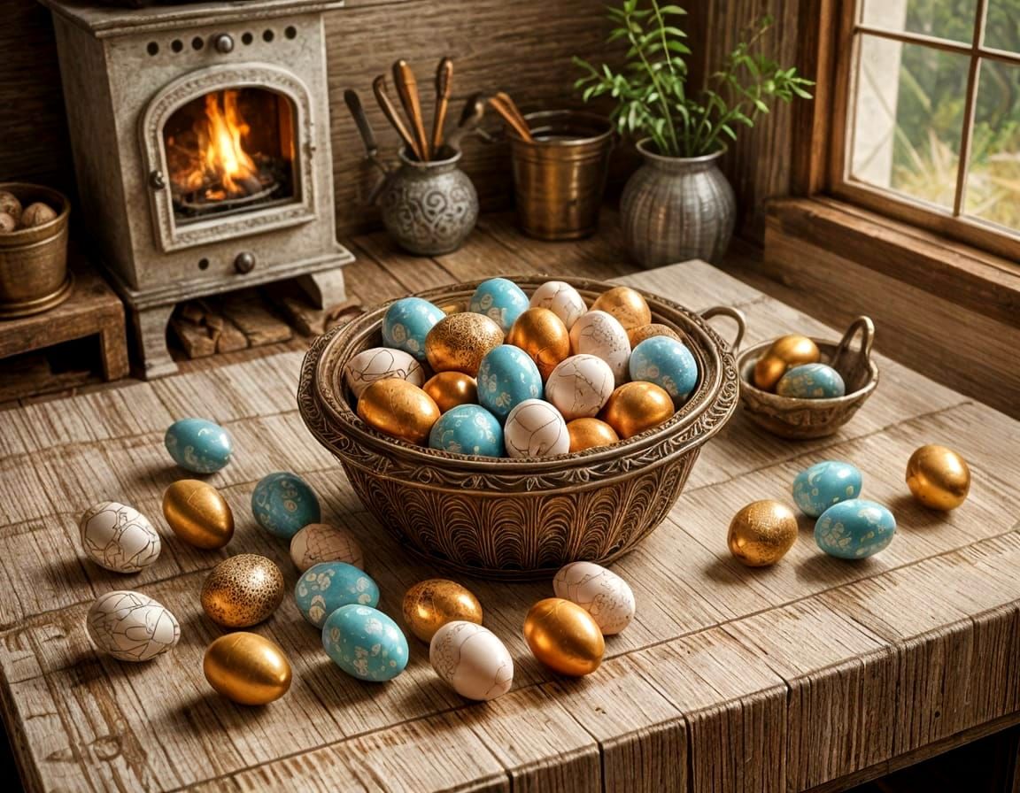 Easter Eggs in Rustic Wicker Basket with Metallic Accents